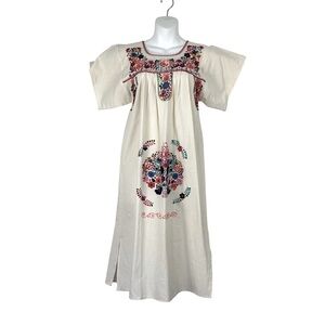 Vintage Mexican Embroidered Maxi Dress Cream Cotton Floral Boho Festival MD SZ 6
